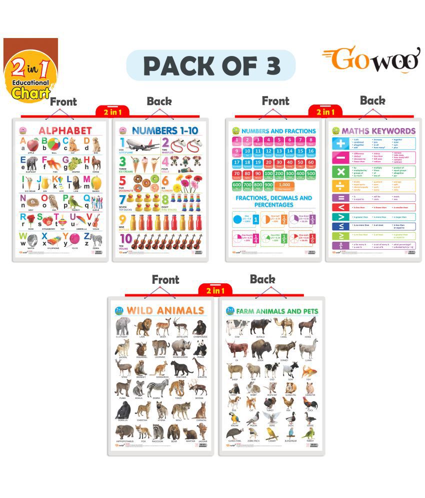     			Set of 3 | 2 IN 1 ALPHABET AND NUMBER 1-10, 2 IN 1 NUMBER & FRACTIONS AND MATHS KEYWORDS and 2 IN 1 WILD AND FARM ANIMALS & PETS Early Learning Educational Charts for Kids