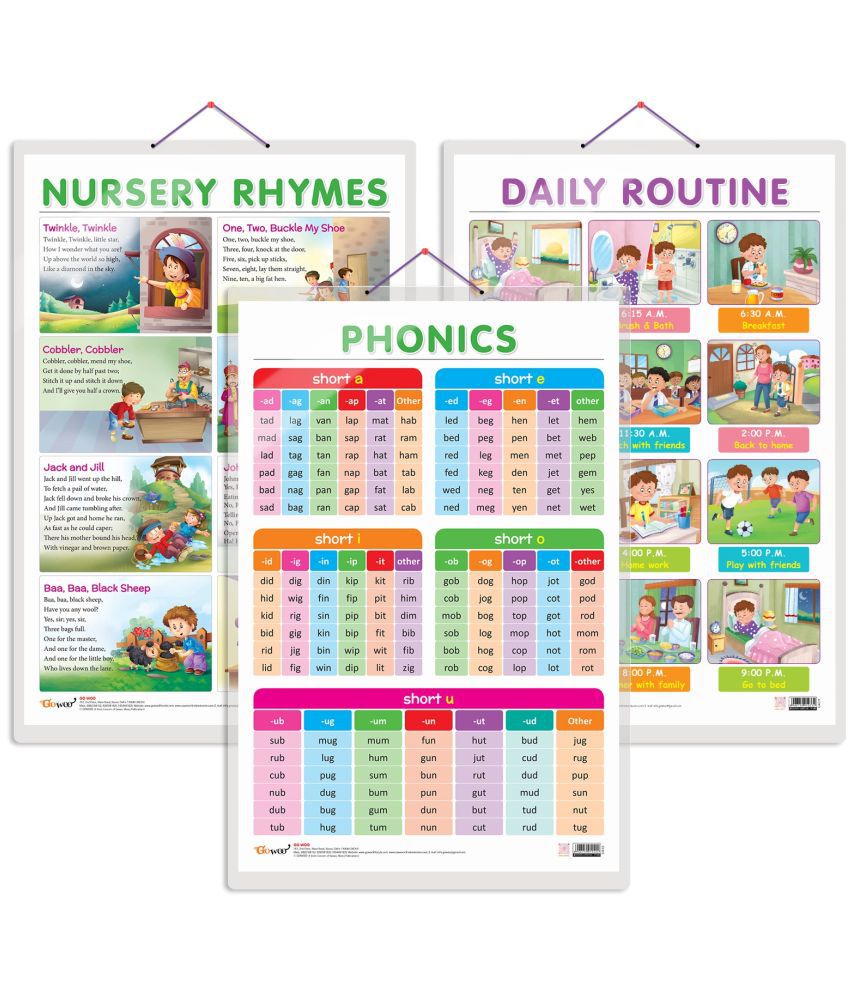     			Set of 3 DAILY ROUTINE, NURSERY RHYMES and PHONICS - 1 Early Learning Educational Charts for Kids | 20"X30" inch |Non-Tearable and Waterproof | Double Sided Laminated | Perfect for Homeschooling, Kindergarten and Nursery Students