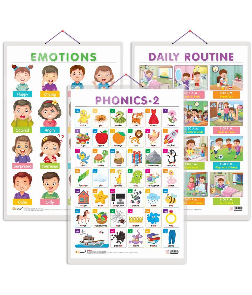     			Set of 3 EMOTIONS, DAILY ROUTINE and PHONICS - 2 Early Learning Educational Charts for Kids | 20"X30" inch |Non-Tearable and Waterproof | Double Sided Laminated | Perfect for Homeschooling, Kindergarten and Nursery Students