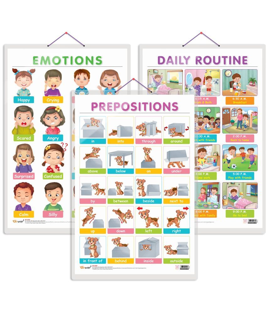     			Set of 3 EMOTIONS, DAILY ROUTINE and PREPOSITIONS Early Learning Educational Charts for Kids | 20"X30" inch |Non-Tearable and Waterproof | Double Sided Laminated | Perfect for Homeschooling, Kindergarten and Nursery Students