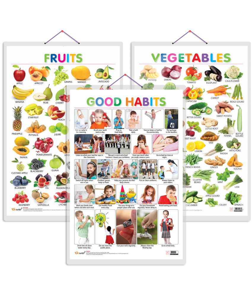     			Set of 3 Fruits, Vegetables and Good Habits Early Learning Educational Charts for Kids | 20"X30" inch |Non-Tearable and Waterproof | Double Sided Laminated | Perfect for Homeschooling, Kindergarten and Nursery Students
