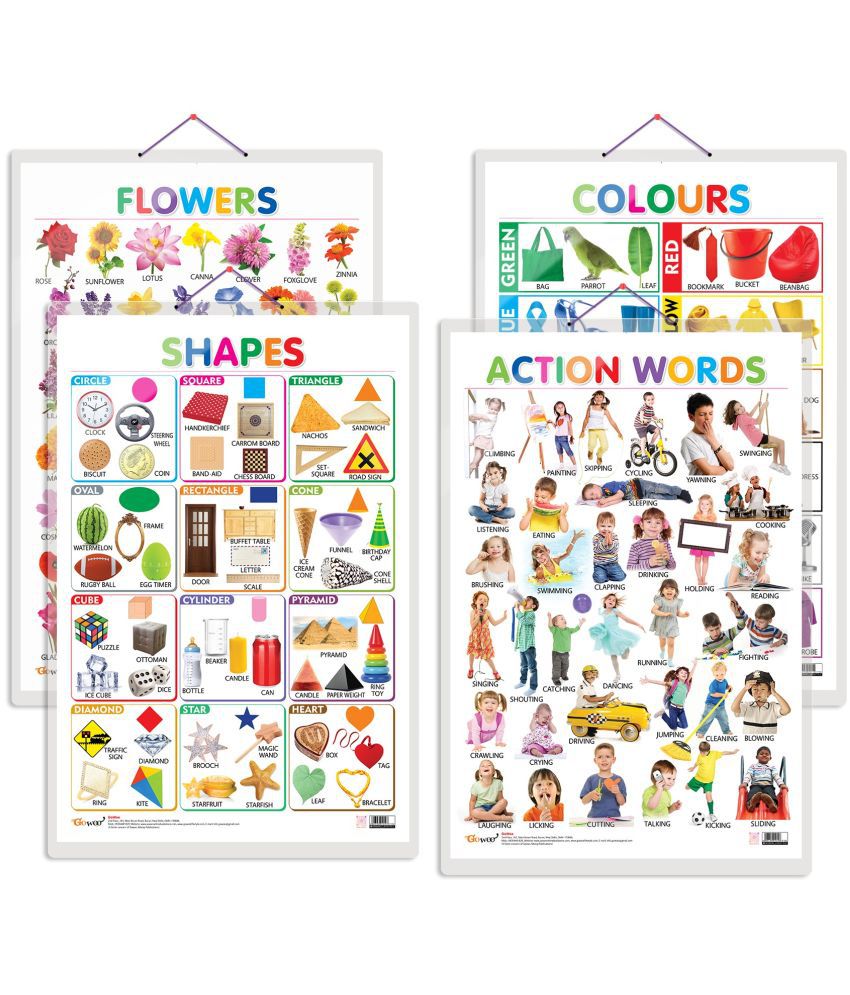     			Set of 4 Flowers, Colours, Shapes and Action Words Early Learning Educational Charts for Kids | 20"X30" inch |Non-Tearable and Waterproof | Double Sided Laminated | Perfect for Homeschooling, Kindergarten and Nursery Students