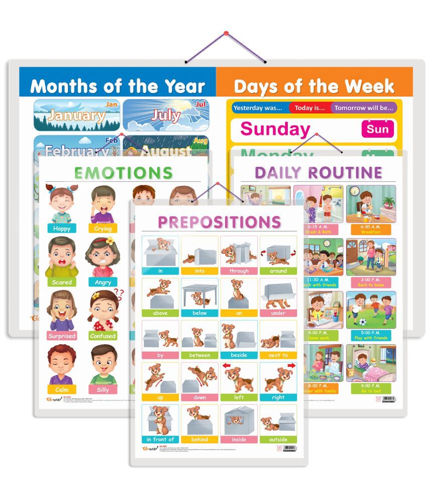     			Set of 4 MONTHS OF THE YEAR AND DAYS OF THE WEEK, EMOTIONS, DAILY ROUTINE and PREPOSITIONS Early Learning Educational Charts for Kids
