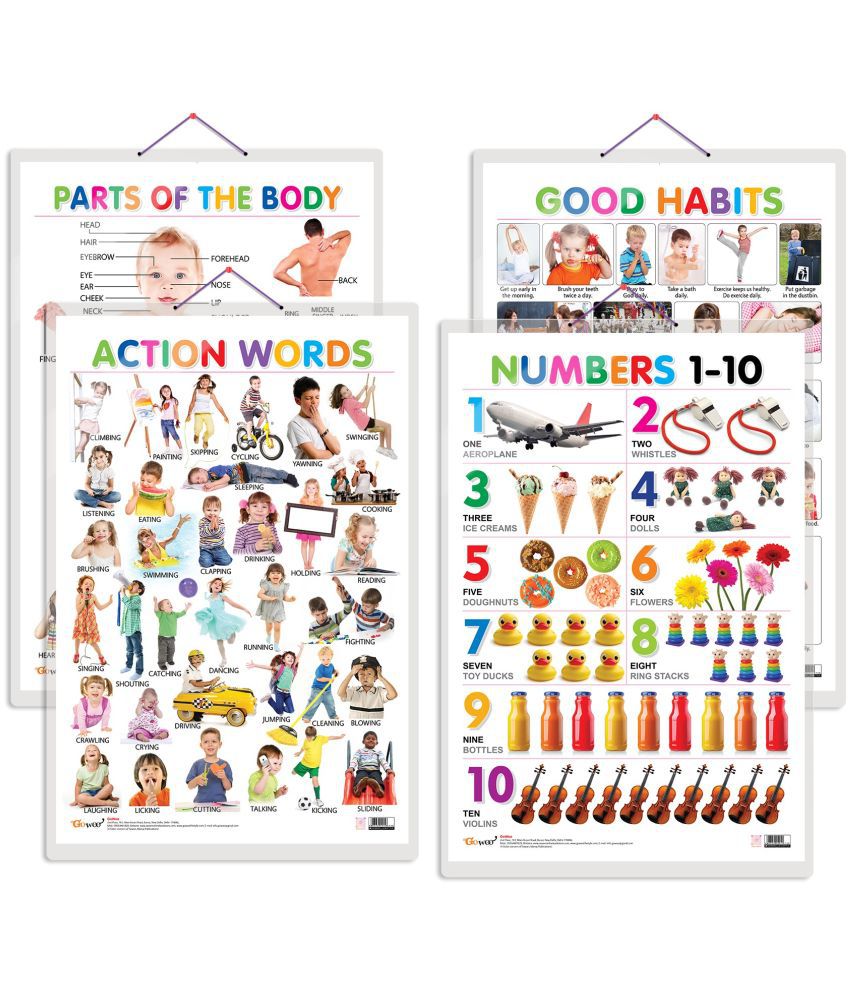     			Set of 4 Parts of the Body, Good Habits, Action Words and Numbers 1-10 Early Learning Educational Charts for Kids | 20"X30" inch |Non-Tearable and Waterproof | Double Sided Laminated | Perfect for Homeschooling, Kindergarten and Nursery Students