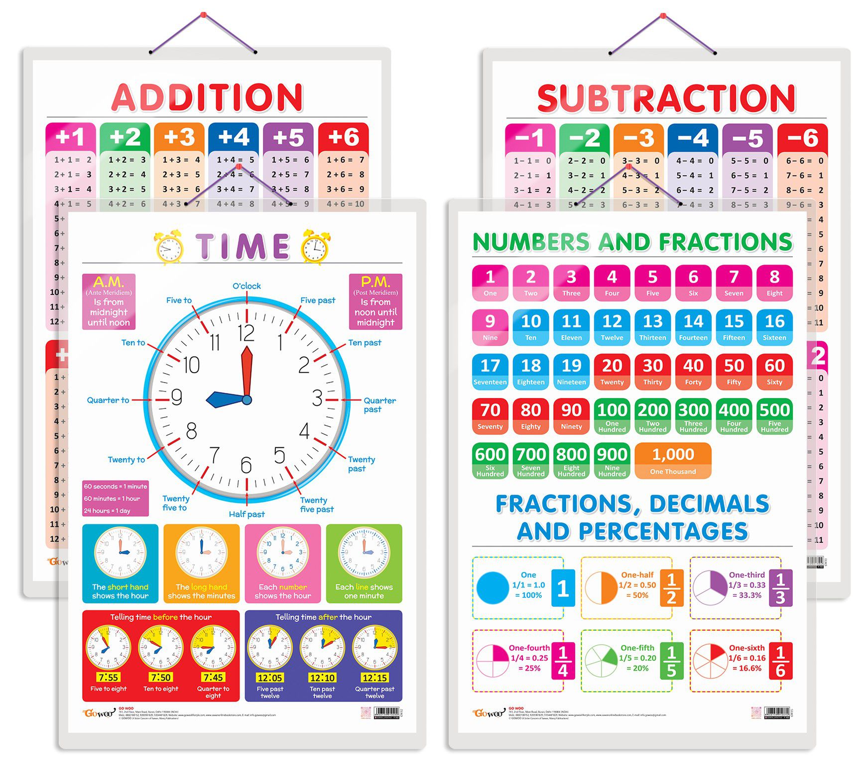     			Set of 4 TIME, SUBTRACTIONm, ADDITION and NUMBERS AND FRACTIONS Early Learning Educational Charts for Kids | 20"X30" inch |Non-Tearable and Waterproof | Double Sided Laminated | Perfect for Homeschooling, Kindergarten and Nursery Students