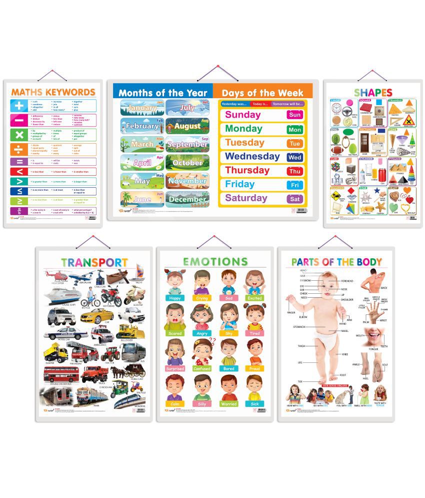     			Set of 6 Shapes, Parts of the Body, Transport, MATHS KEYWORDS, MONTHS OF THE YEAR AND DAYS OF THE WEEK and EMOTIONS Early Learning Educational Charts for Kids