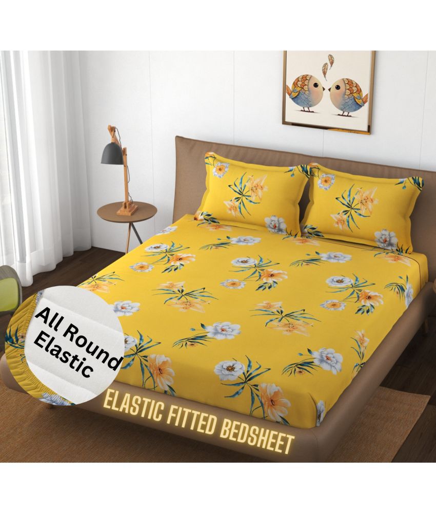     			Apala Microfibre Floral Printed Fitted Double Bedsheet With 2 Pillow Covers- Yellow