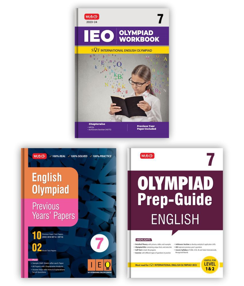     			MTG International English Olympiad (IEO) Workbook, Prep-Guide & Previous Years Papers with Self Test Paper Class 7 - SOF Olympiad Books For 2023-24 Exam (Set of 3 Books)
