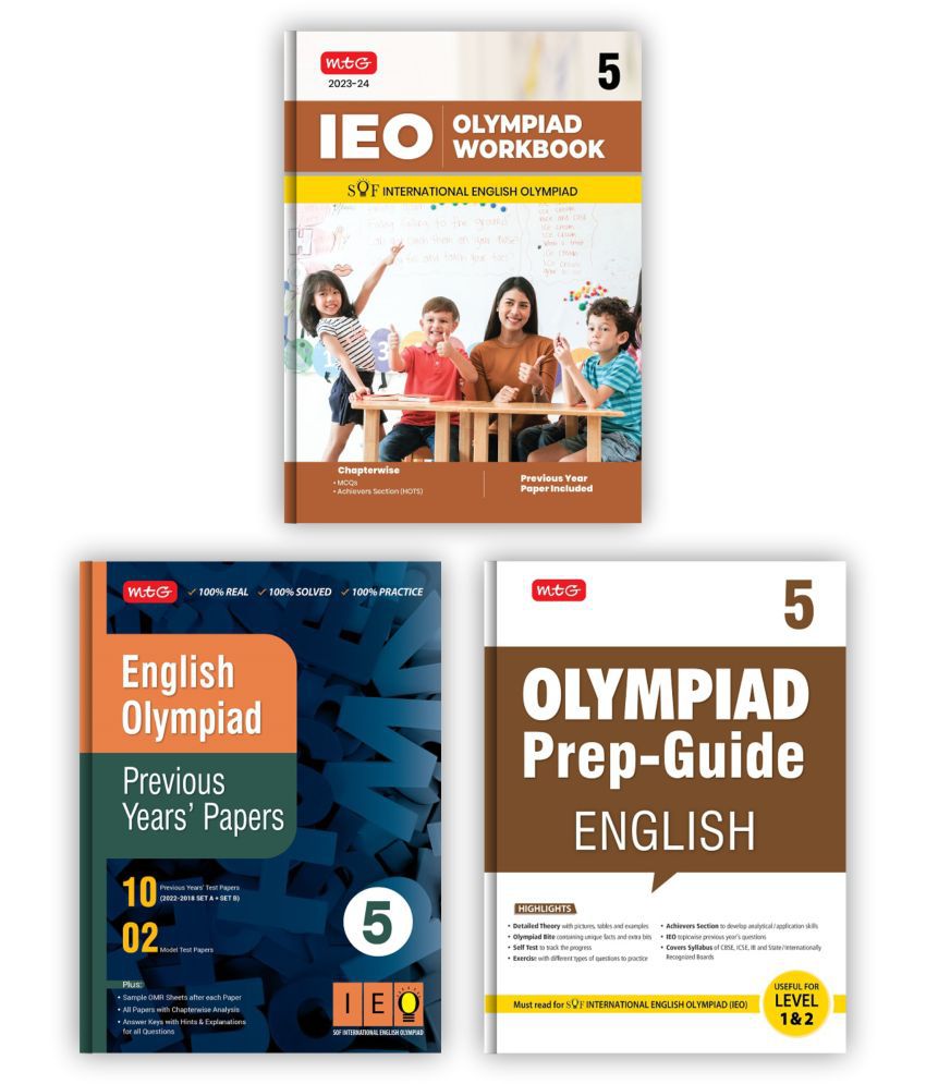     			MTG International English Olympiad (IEO) Workbook, Prep-Guide & Previous Years Papers with Self Test Paper Class 5 - SOF Olympiad Books For 2023-24 Exam (Set of 3 Books)