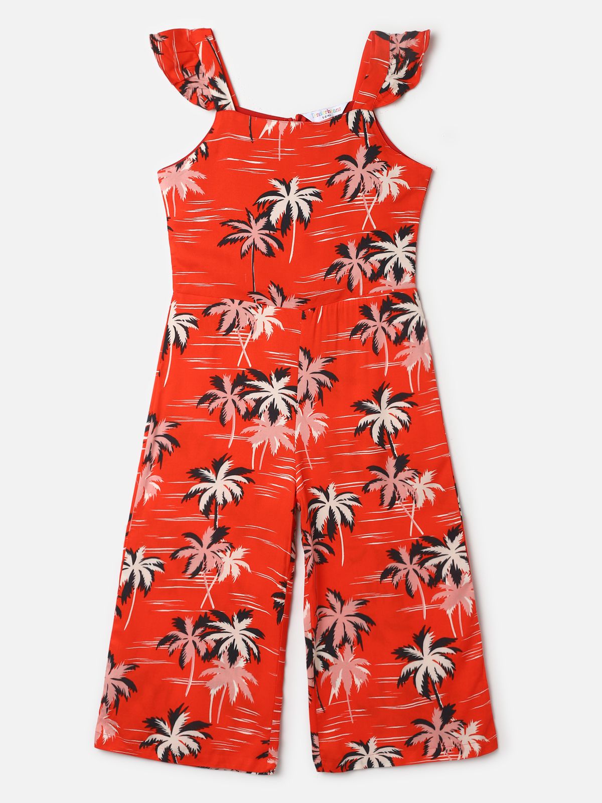     			UrbanMark Junior Girls Rayon Tropical Printed Jumpsuit With Broad Straps- Red