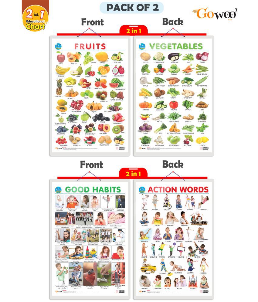     			Set of 2 | 2 IN 1 FRUITS AND VEGETABLES and 2 IN 1 GOOD HABITS AND ACTION WORDS Early Learning Educational Charts for Kids | 20"X30" inch |Non-Tearable and Waterproof | Double Sided Laminated | Perfect for Homeschooling, Kindergarten and Nursery Students