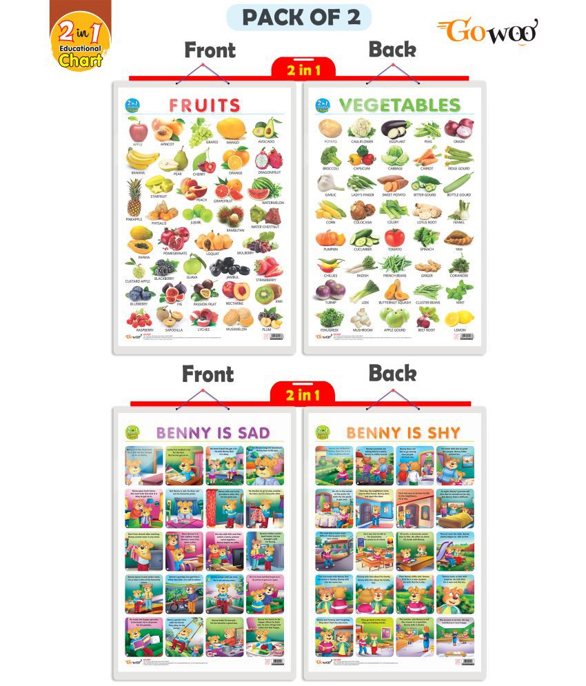     			Set of 2 |2 IN 1 FRUITS AND VEGETABLES and 2 IN 1 BENNY IS SAD AND BENNY IS SHY Early Learning Educational Charts for Kids