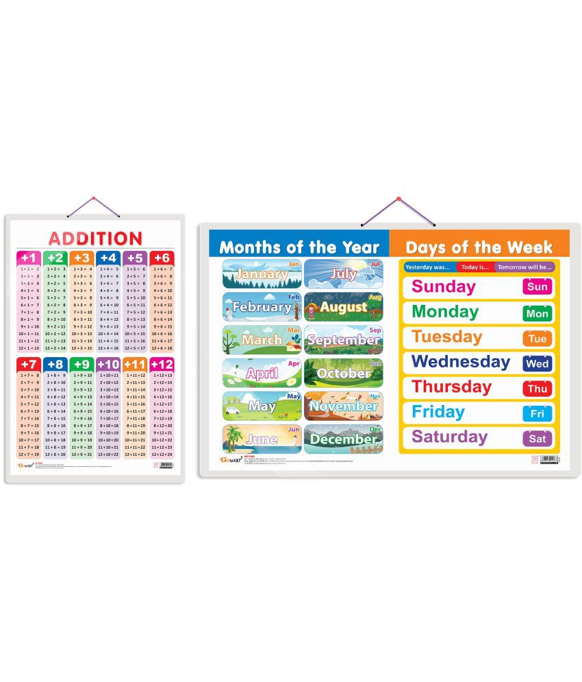     			Set of 2 ADDITION and MONTHS OF THE YEAR AND DAYS OF THE WEEK Early Learning Educational Charts for Kids | 20"X30" inch |Non-Tearable and Waterproof | Double Sided Laminated | Perfect for Homeschooling, Kindergarten and Nursery Students