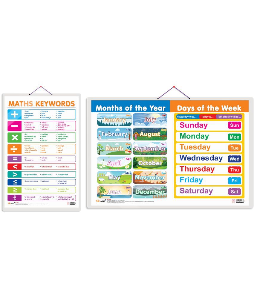     			Set of 2 MATHS KEYWORDS and MONTHS OF THE YEAR AND DAYS OF THE WEEK Early Learning Educational Charts for Kids | 20"X30" inch |Non-Tearable and Waterproof | Double Sided Laminated | Perfect for Homeschooling, Kindergarten and Nursery Students