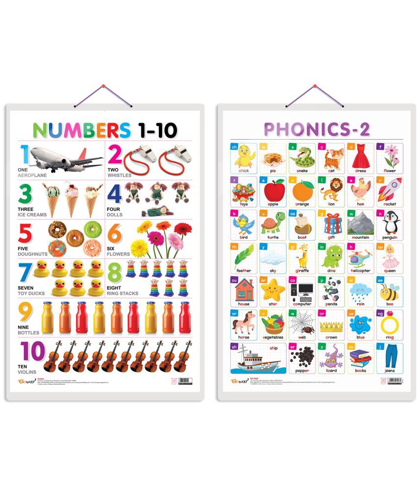     			Set of 2 Numbers 1-10 and PHONICS - 2 Early Learning Educational Charts for Kids | 20"X30" inch |Non-Tearable and Waterproof | Double Sided Laminated | Perfect for Homeschooling, Kindergarten and Nursery Students