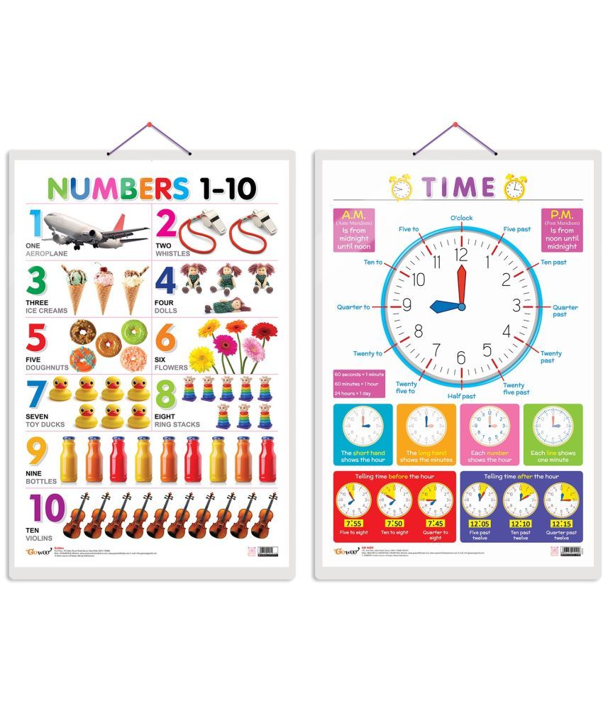     			Set of 2 Numbers 1-10 and TIME Early Learning Educational Charts for Kids | 20"X30" inch |Non-Tearable and Waterproof | Double Sided Laminated | Perfect for Homeschooling, Kindergarten and Nursery Students