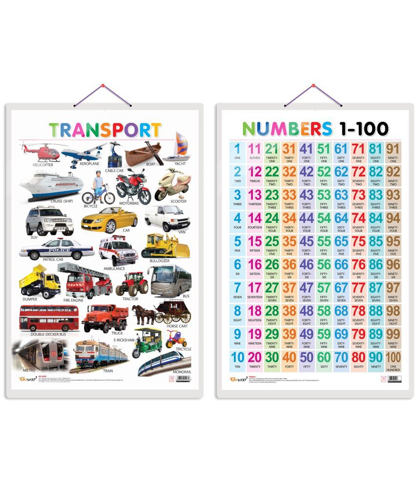     			Set of 2 Transport and Numbers 1-100 Early Learning Educational Charts for Kids | 20"X30" inch |Non-Tearable and Waterproof | Double Sided Laminated | Perfect for Homeschooling, Kindergarten and Nursery Students