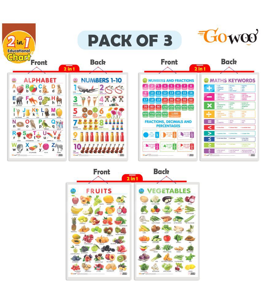     			Set of 3 | 2 IN 1 ALPHABET AND NUMBER 1-10 ,2 IN 1 NUMBER & FRACTIONS AND MATHS KEYWORDS and 2 IN 1 FRUITS AND VEGETABLES Early Learning Educational Charts for Kids