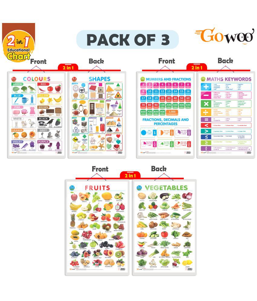     			Set of 3 | 2 IN 1 NUMBER & FRACTIONS AND MATHS KEYWORDS, 2 IN 1 COLOURS AND SHAPES and 2 IN 1 FRUITS AND VEGETABLES Early Learning Educational Charts for Kids