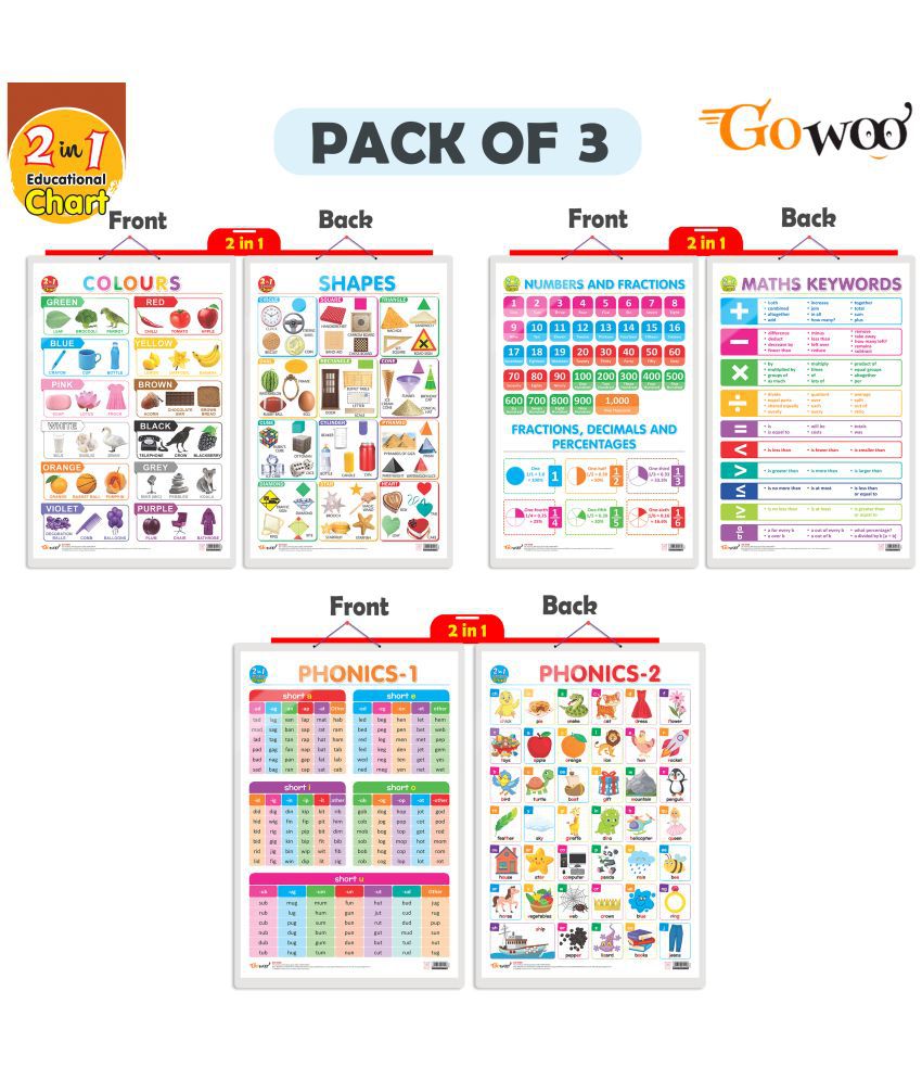     			Set of 3 | 2 IN 1 NUMBER & FRACTIONS AND MATHS KEYWORDS, 2 IN 1 COLOURS AND SHAPES AND 2 IN 1 PHONICS 1 AND PHONICS 2 Early Learning Educational Charts for Kids