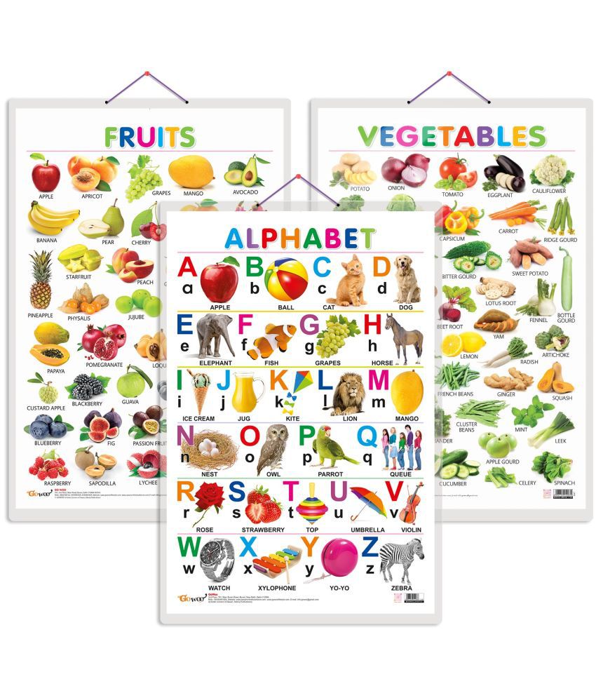     			Set of 3 Alphabet, Fruits and Vegetables Early Learning Educational Charts for Kids | 20"X30" inch |Non-Tearable and Waterproof | Double Sided Laminated | Perfect for Homeschooling, Kindergarten and Nursery Students