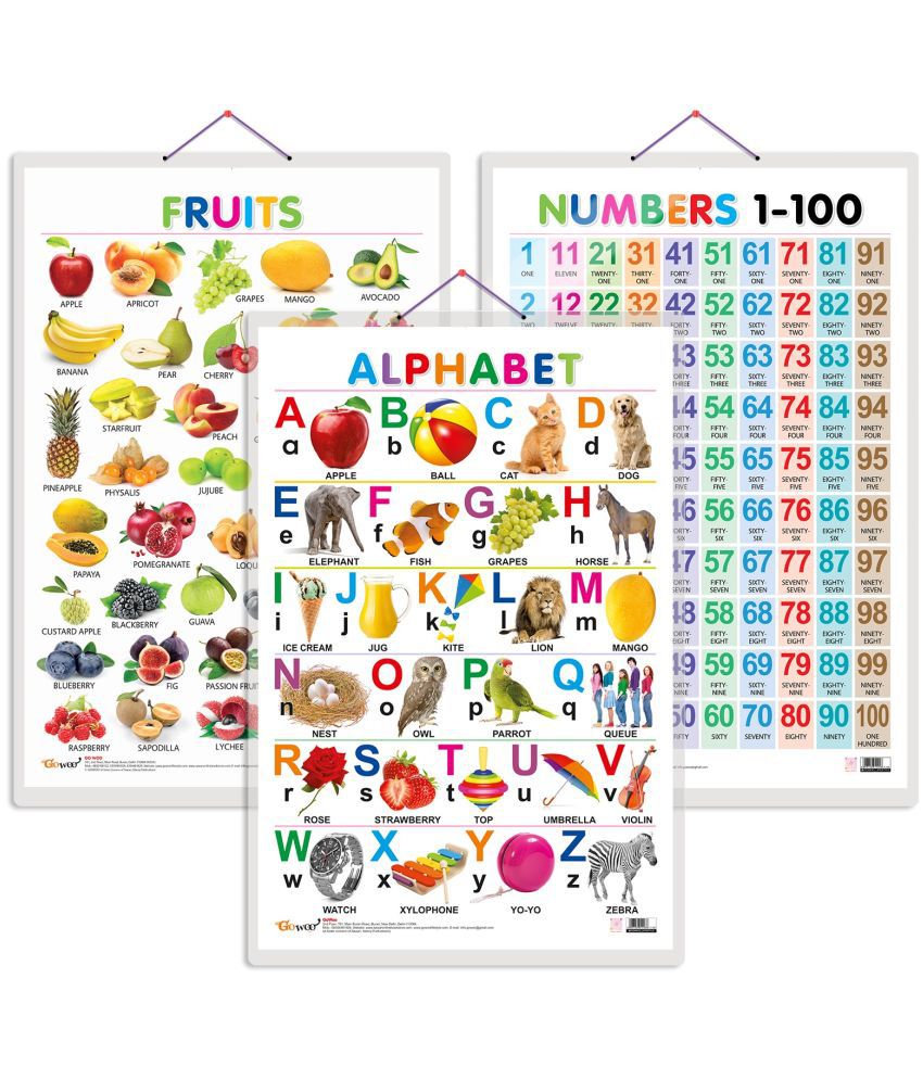     			Set of 3 Alphabet, Fruits and Numbers 1-100 Early Learning Educational Charts for Kids | 20"X30" inch |Non-Tearable and Waterproof | Double Sided Laminated | Perfect for Homeschooling, Kindergarten and Nursery Students