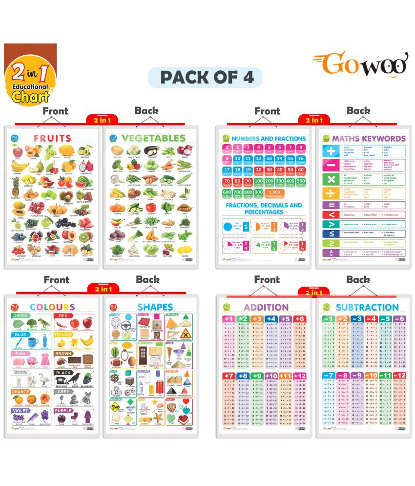     			Set of 4 |  2 IN 1 NUMBER & FRACTIONS AND MATHS KEYWORDS, 2 IN 1 COLOURS AND SHAPES, 2 IN 1 FRUITS AND VEGETABLES and 2 IN 1 ADDITION AND SUBTRACTION Early Learning Educational Charts for Kids