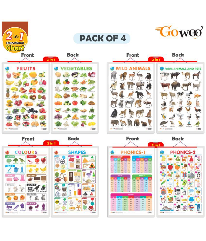     			Set of 4 |  2 IN 1 COLOURS AND SHAPES, 2 IN 1 FRUITS AND VEGETABLES, 2 IN 1 WILD AND FARM ANIMALS & PETS and 2 IN 1 PHONICS 1 AND PHONICS 2 Early Learning Educational Charts for Kids