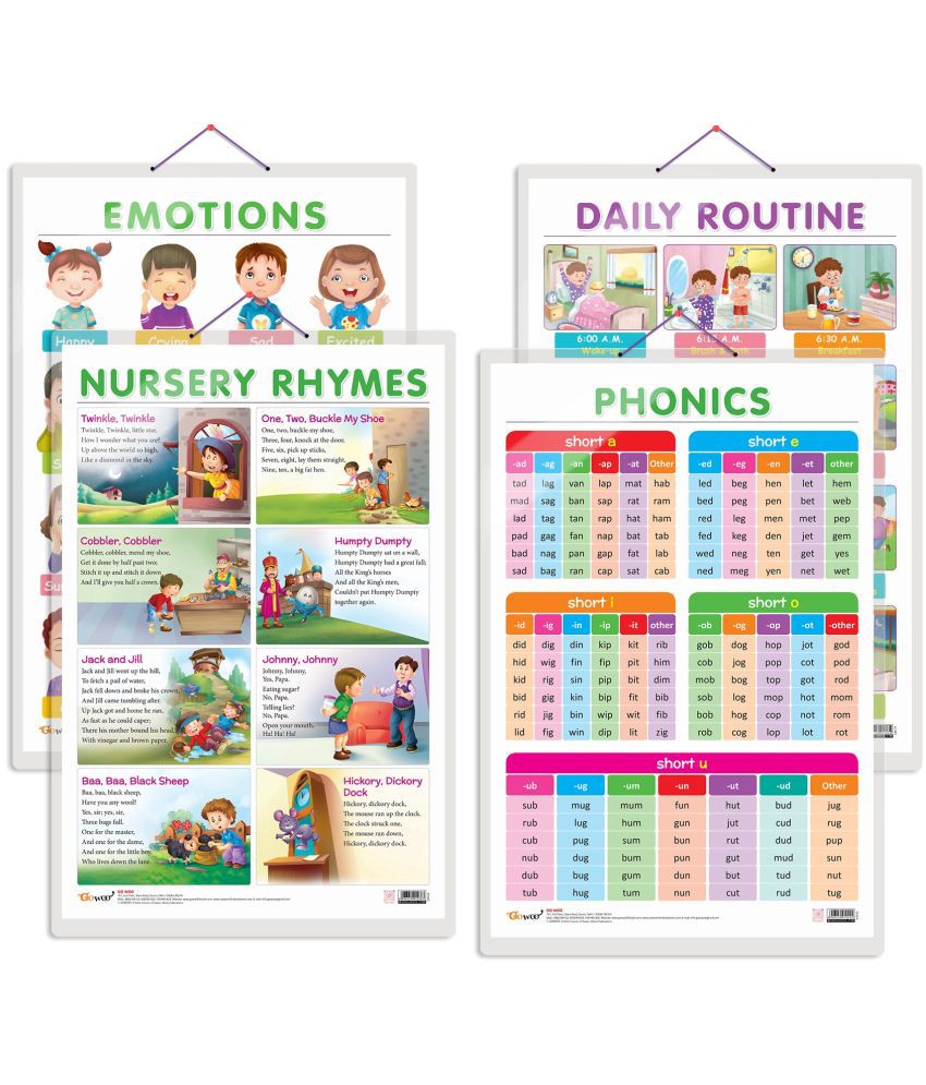     			Set of 4 EMOTIONS, DAILY ROUTINE, NURSERY RHYMES and PHONICS - 1 Early Learning Educational Charts for Kids | 20"X30" inch |Non-Tearable and Waterproof | Double Sided Laminated | Perfect for Homeschooling, Kindergarten and Nursery Students