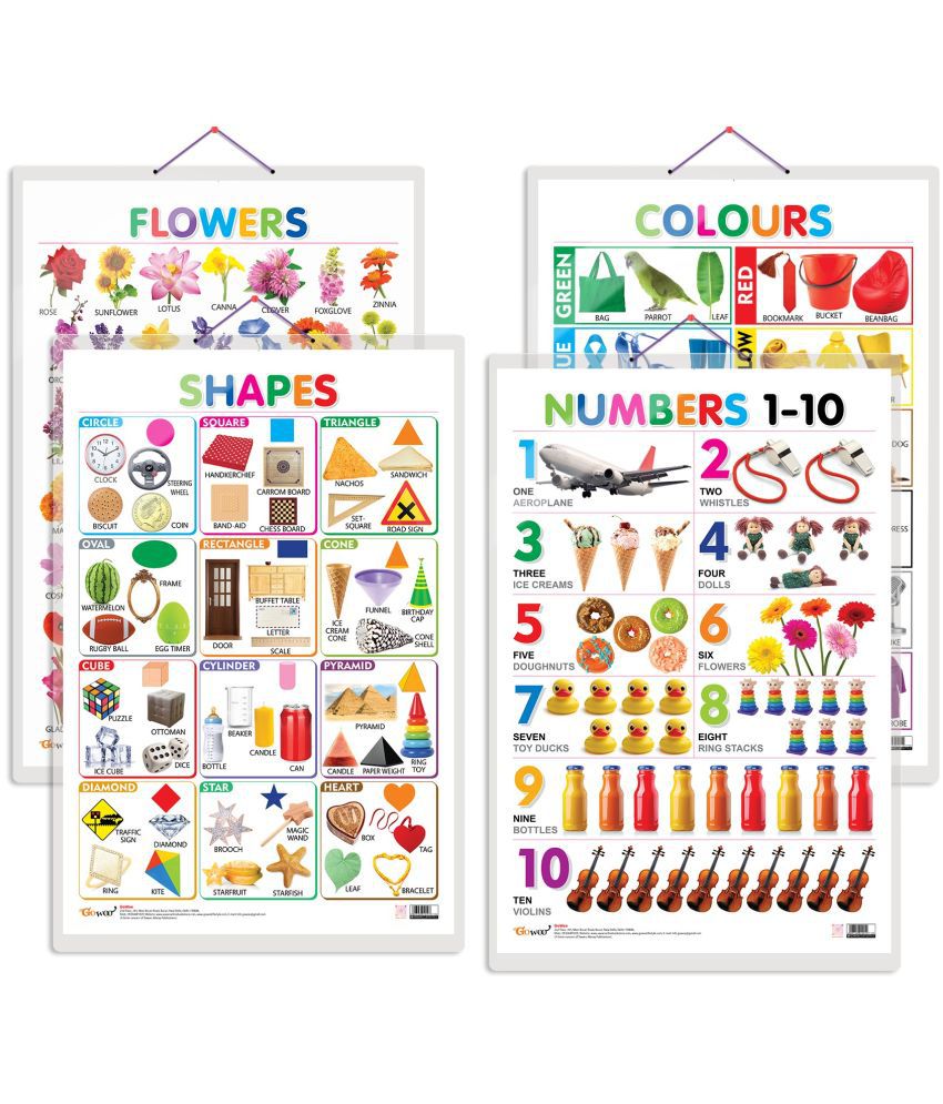     			Set of 4 Flowers, Colours, Shapes and Numbers 1-10 Early Learning Educational Charts for Kids | 20"X30" inch |Non-Tearable and Waterproof | Double Sided Laminated | Perfect for Homeschooling, Kindergarten and Nursery Students