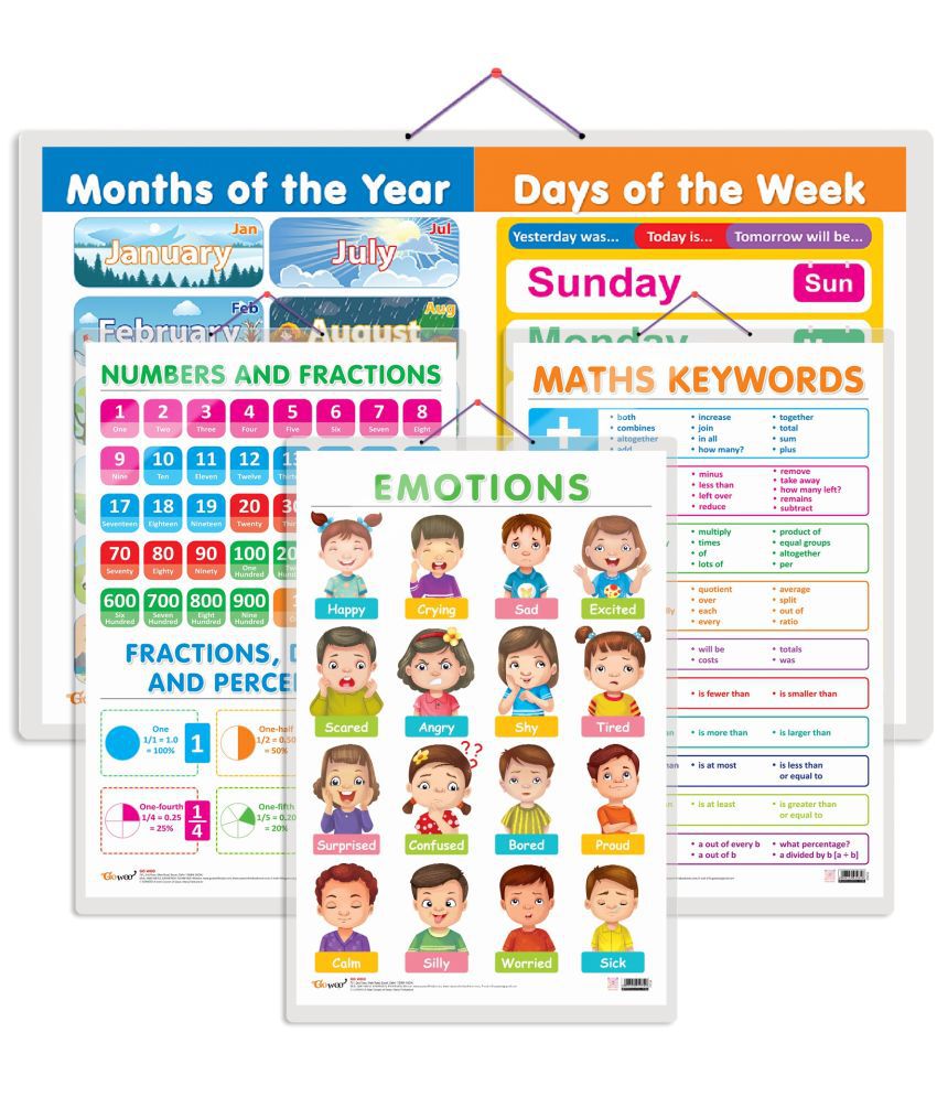     			Set of 4 NUMBERS AND FRACTIONS, MATHS KEYWORDS, MONTHS OF THE YEAR AND DAYS OF THE WEEK and EMOTIONS Early Learning Educational Charts for Kids