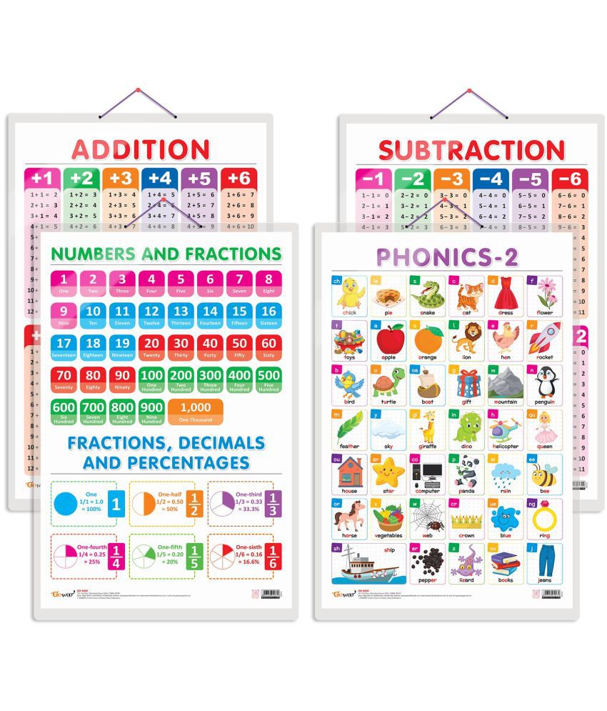     			Set of 4 SUBTRACTION, ADDITION, NUMBERS AND FRACTIONS and PHONICS - 2 Early Learning Educational Charts for Kids | 20"X30" inch |Non-Tearable and Waterproof | Double Sided Laminated | Perfect for Homeschooling, Kindergarten and Nursery Students