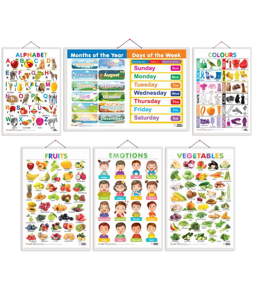     			Set of 6 Alphabet, Fruits, Vegetables, Colours, MONTHS OF THE YEAR AND DAYSOF THE WEEK and EMOTIONS Early Learning Educational Charts for Kids