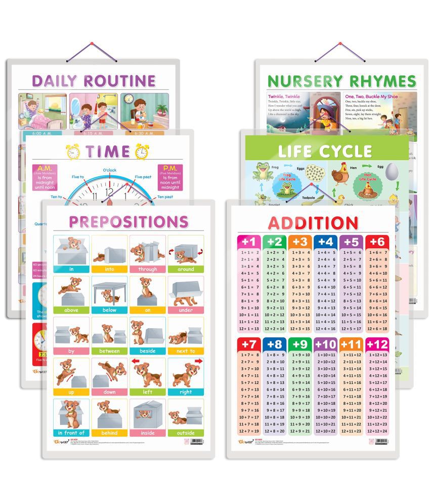     			Set of 6 Life Cycle, TIME, ADDITION, DAILY ROUTINE, NURSERY RHYMES and PREPOSITIONS Early Learning Educational Charts for Kids