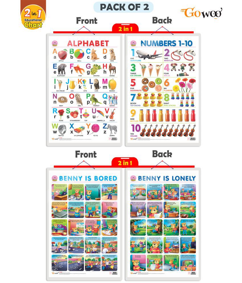     			Set of 2 | 2 IN 1 ALPHABET AND NUMBER 1-10 and 2 IN 1 BENNY IS BORED AND BENNY IS LONELY Early Learning Educational Charts for Kids