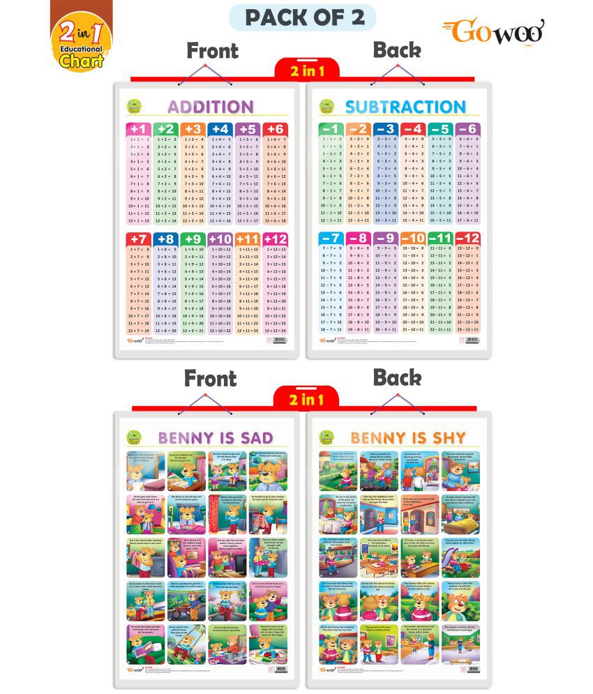    			Set of 2 |2 IN 1 ADDITION AND SUBTRACTION and 2 IN 1 BENNY IS SAD AND BENNY IS SHY Early Learning Educational Charts for Kids|