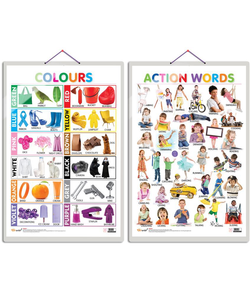     			Set of 2 Colours and Action Words Early Learning Educational Charts for Kids | 20"X30" inch |Non-Tearable and Waterproof | Double Sided Laminated | Perfect for Homeschooling, Kindergarten and Nursery Students