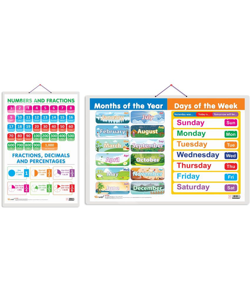     			Set of 2 NUMBERS AND FRACTIONS and MONTHS OF THE YEAR AND DAYS OF THE WEEK Early Learning Educational Charts for Kids