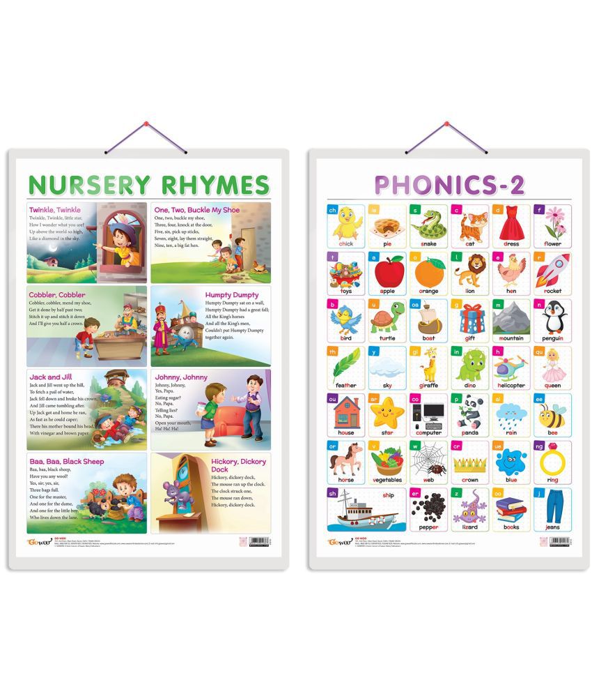     			Set of 2 NURSERY RHYMES and PHONICS - 2 Early Learning Educational Charts for Kids | 20"X30" inch |Non-Tearable and Waterproof | Double Sided Laminated | Perfect for Homeschooling, Kindergarten and Nursery Students