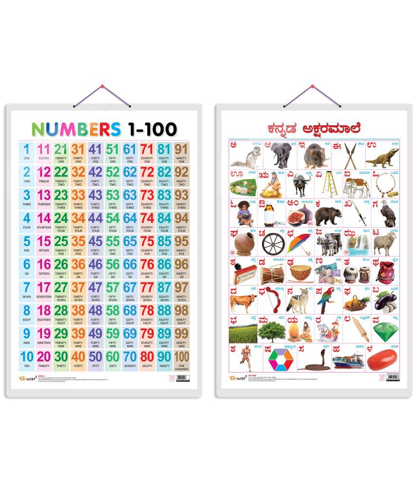     			Set of 2 Numbers 1-100 and Kannada Alphabet Early Learning Educational Charts for Kids | 20"X30" inch |Non-Tearable and Waterproof | Double Sided Laminated | Perfect for Homeschooling, Kindergarten and Nursery Students