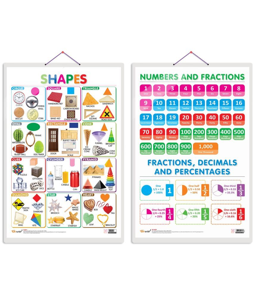     			Set of 2 Shapes and NUMBERS AND FRACTIONS Early Learning Educational Charts for Kids | 20"X30" inch |Non-Tearable and Waterproof | Double Sided Laminated | Perfect for Homeschooling, Kindergarten and Nursery Students