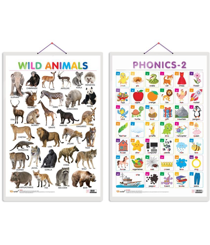     			Set of 2 Wild Animals and PHONICS - 2 Early Learning Educational Charts for Kids | 20"X30" inch |Non-Tearable and Waterproof | Double Sided Laminated | Perfect for Homeschooling, Kindergarten and Nursery Students