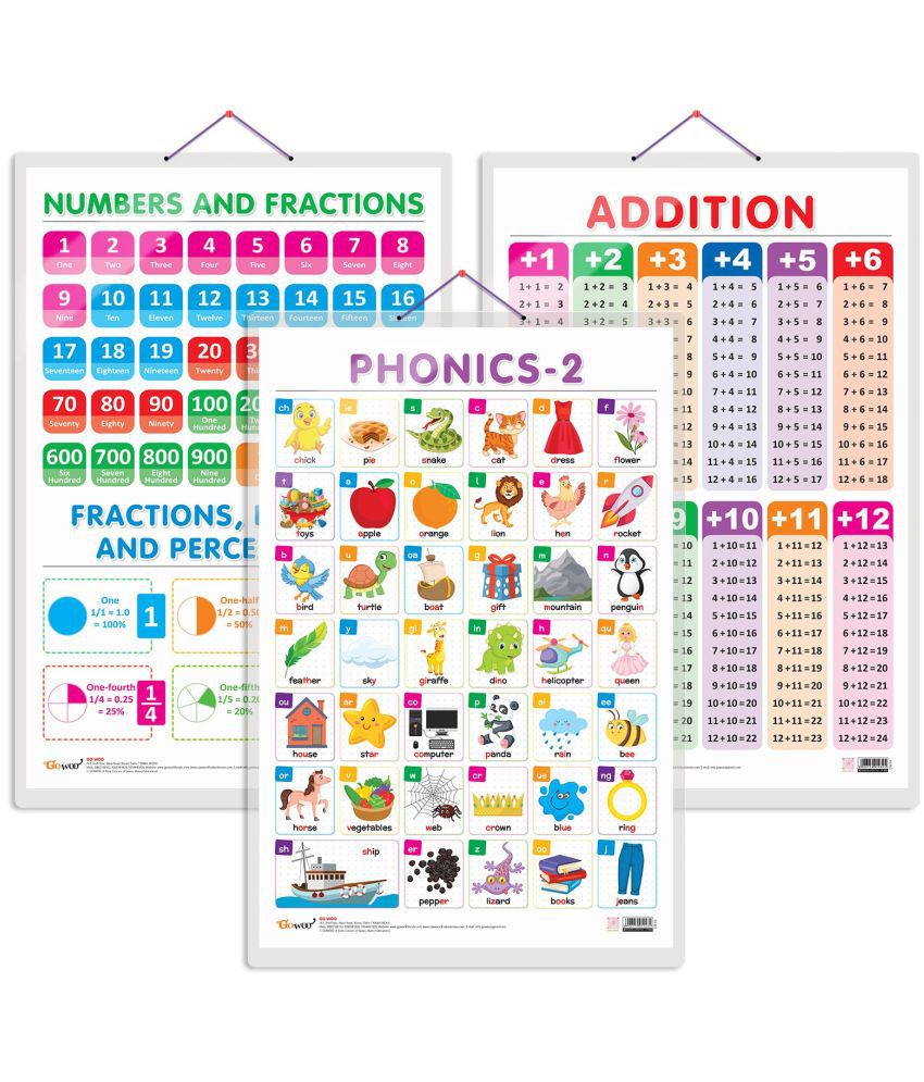     			Set of 3 ADDITION, NUMBERS AND FRACTIONS and PHONICS - 2 Early Learning Educational Charts for Kids | 20"X30" inch |Non-Tearable and Waterproof | Double Sided Laminated | Perfect for Homeschooling, Kindergarten and Nursery Students