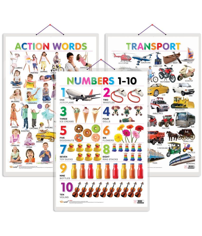     			Set of 3 Action Words, Transport and Numbers 1-10 Early Learning Educational Charts for Kids | 20"X30" inch |Non-Tearable and Waterproof | Double Sided Laminated | Perfect for Homeschooling, Kindergarten and Nursery Students