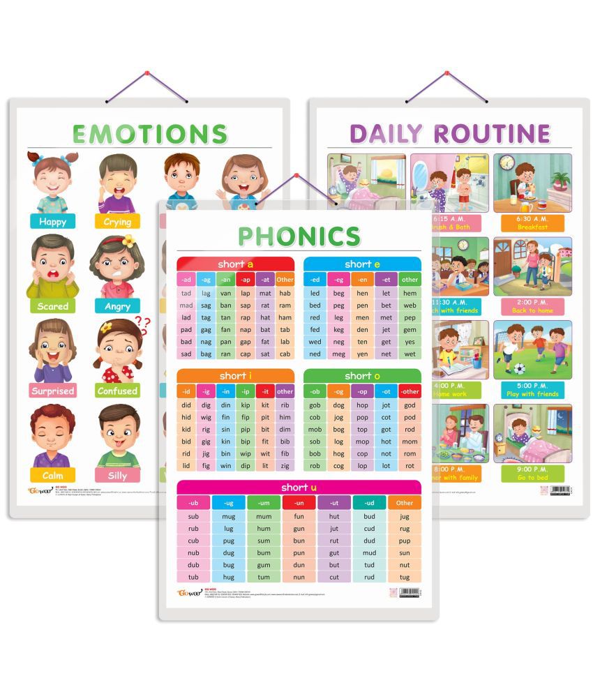     			Set of 3 EMOTIONS, DAILY ROUTINE and PHONICS - 1 Early Learning Educational Charts for Kids | 20"X30" inch |Non-Tearable and Waterproof | Double Sided Laminated | Perfect for Homeschooling, Kindergarten and Nursery Students