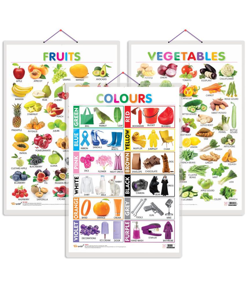     			Set of 3 Fruits, Vegetables and Colours Early Learning Educational Charts for Kids | 20"X30" inch |Non-Tearable and Waterproof | Double Sided Laminated | Perfect for Homeschooling, Kindergarten and Nursery Students