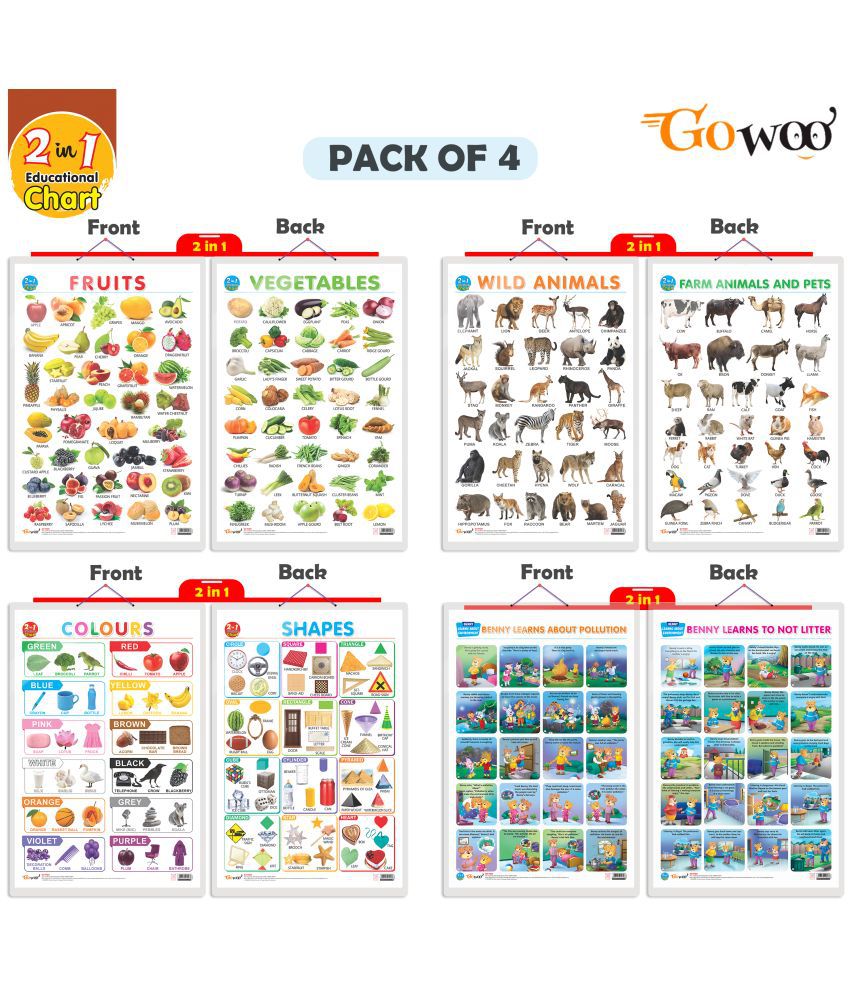     			Set of 4 |  2 IN 1 COLOURS AND SHAPES, 2 IN 1 FRUITS AND VEGETABLES, 2 IN 1 WILD AND FARM ANIMALS & PETS and 2 IN 1 BENNY LEARNS ABOUT POLLUTION AND BENNY LEARNS NOT TO LITTER Early Learning Educational Charts for Kids