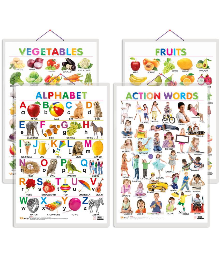     			Set of 4 Alphabet, Fruits, Vegetables and Action Words Early Learning Educational Charts for Kids | 20"X30" inch |Non-Tearable and Waterproof | Double Sided Laminated | Perfect for Homeschooling, Kindergarten and Nursery Students