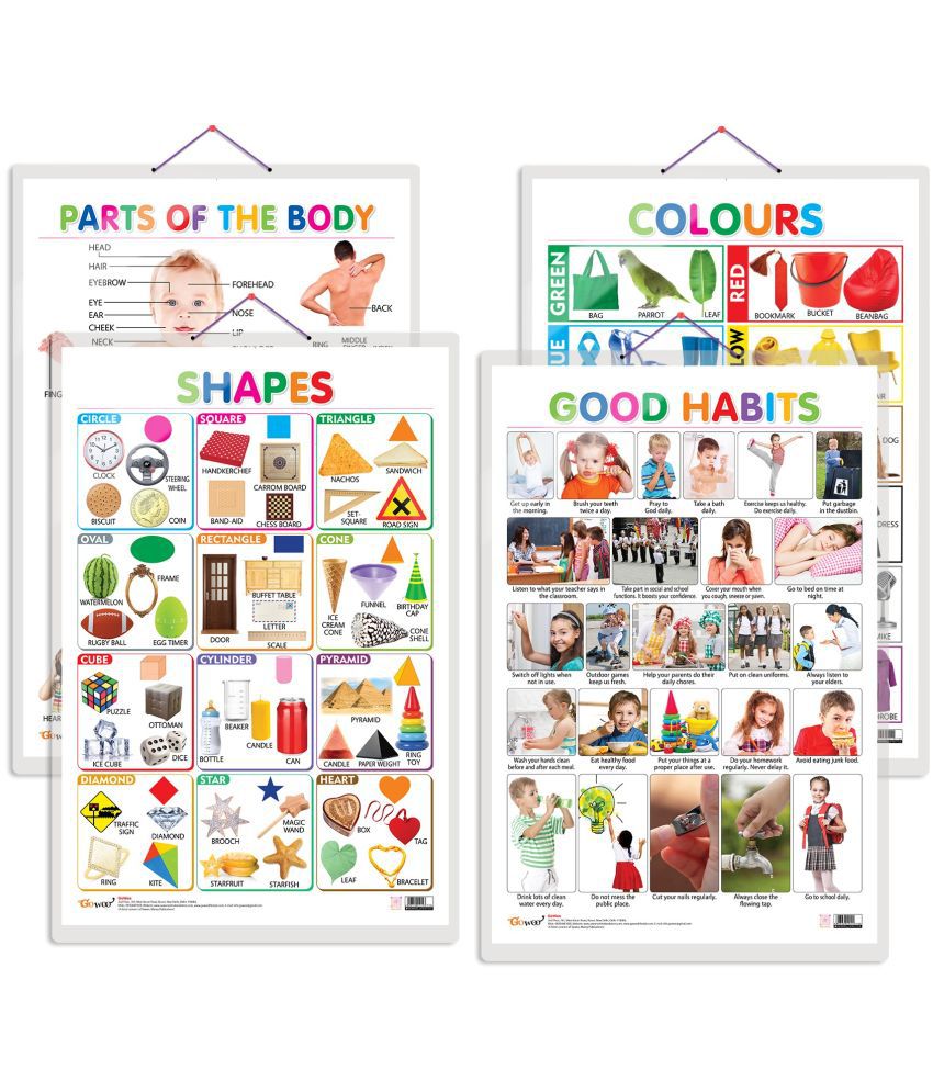     			Set of 4 Colours, Shapes, Parts of the Body and Good Habits Early Learning Educational Charts for Kids | 20"X30" inch |Non-Tearable and Waterproof | Double Sided Laminated | Perfect for Homeschooling, Kindergarten and Nursery Students