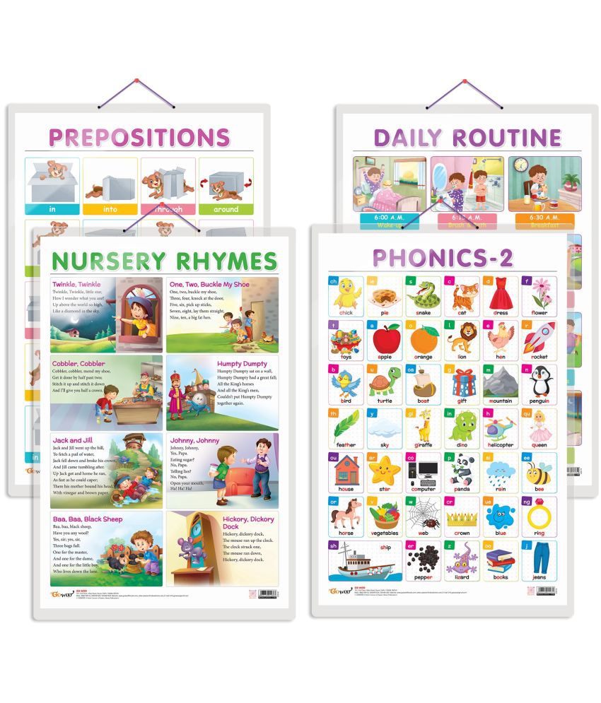     			Set of 4 DAILY ROUTINE, NURSERY RHYMES, PREPOSITIONS and PHONICS - 2 Early Learning Educational Charts for Kids | 20"X30" inch |Non-Tearable and Waterproof | Double Sided Laminated | Perfect for Homeschooling, Kindergarten and Nursery Students